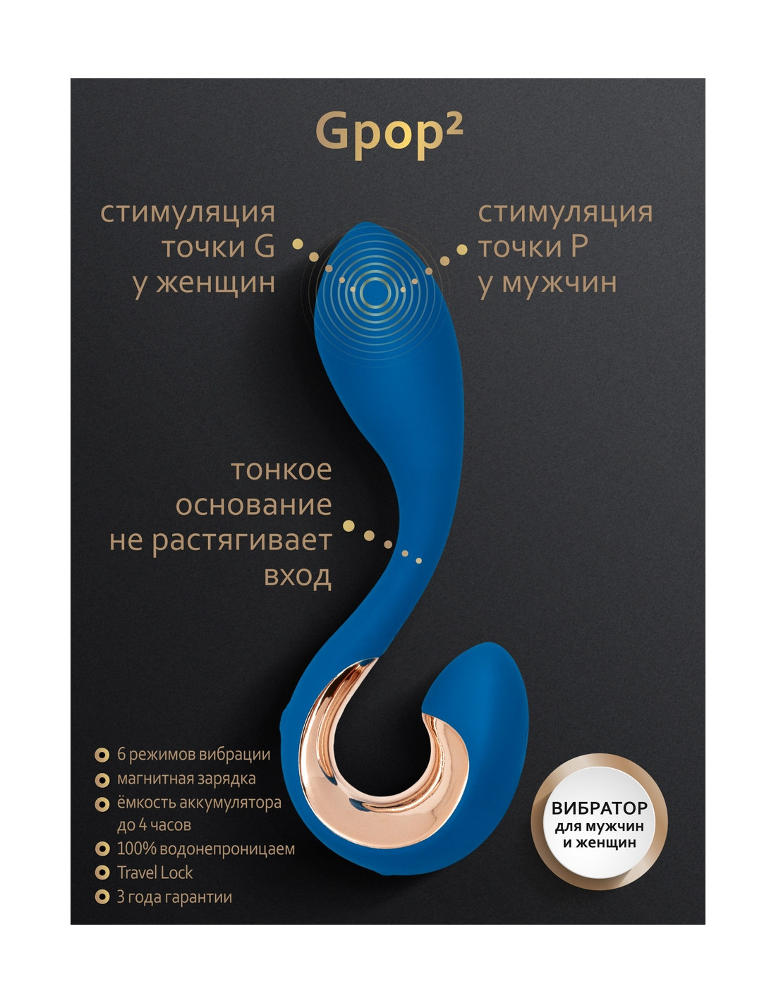 Универсальный вибростимулятор Gvibe Gpop² Indigo Blue — 12,5 см, 6 режимов, водонепроницаемый
