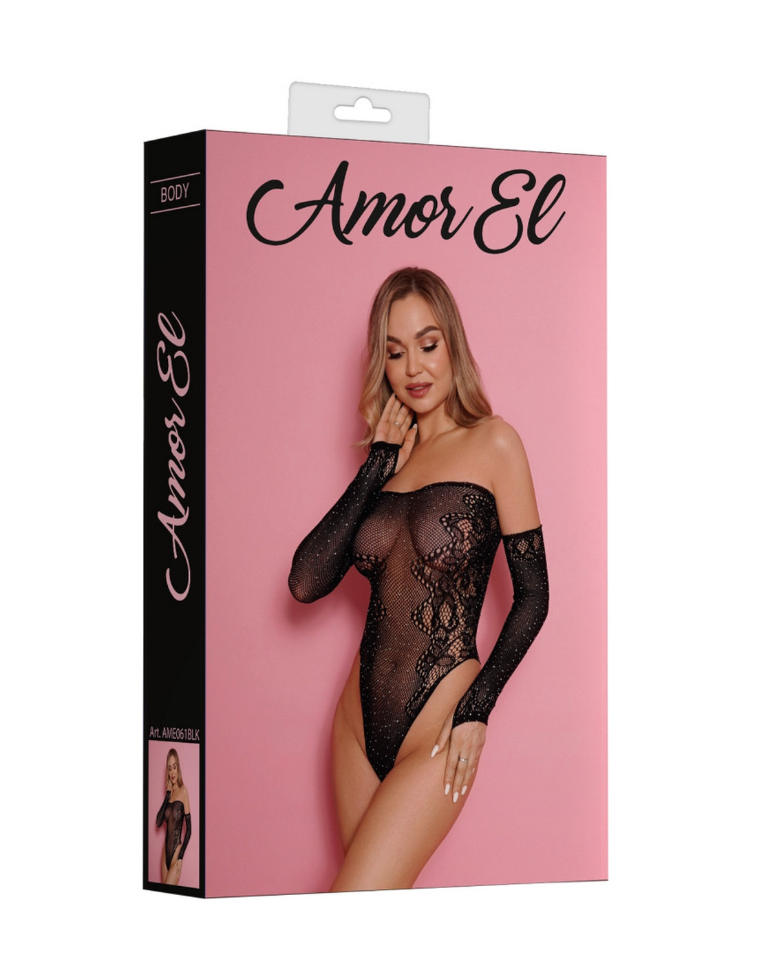 Боди Amor El Lara с рукавами и стразами — черное, размер S/L