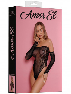 Боди Amor El Lara с рукавами и стразами — черное, размер S/L