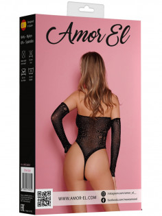 Боди Amor El Lara с рукавами и стразами — черное, размер S/L